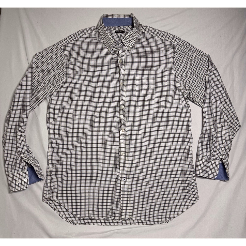 J McLaughlin Cashmere Blend Beige Blue Plaid Long Sleeve Button Up Men's Size M